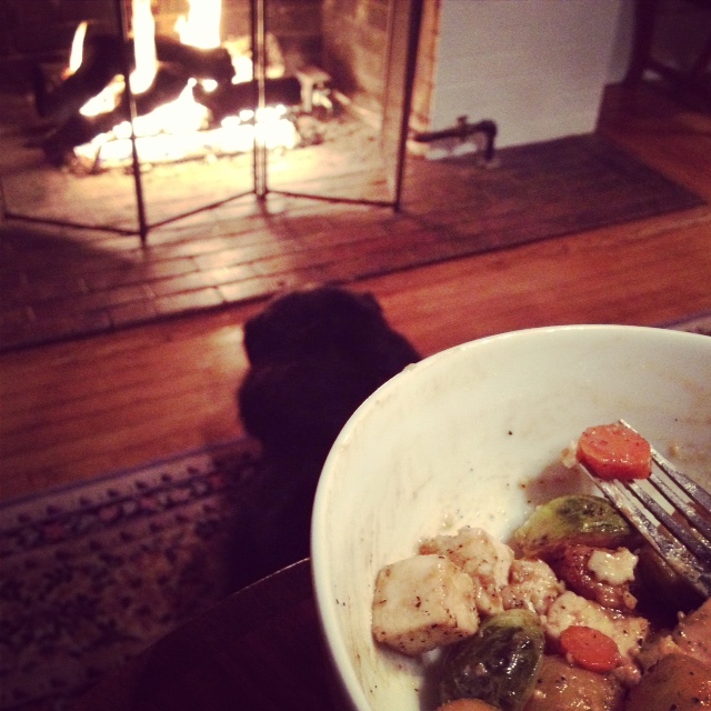 veggie tofu bowl in front of the fire