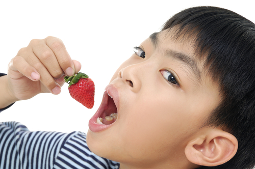 boy eating strawberry seasonally