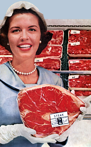 woman with meat in grocery store