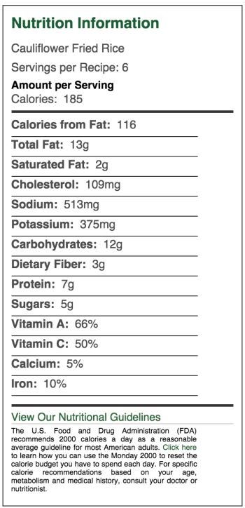 meatless mondays cauliflower fried rice nutritional value