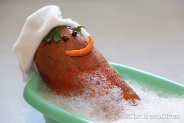 mr. potato taking a bath for plant-based mineral broth recipe